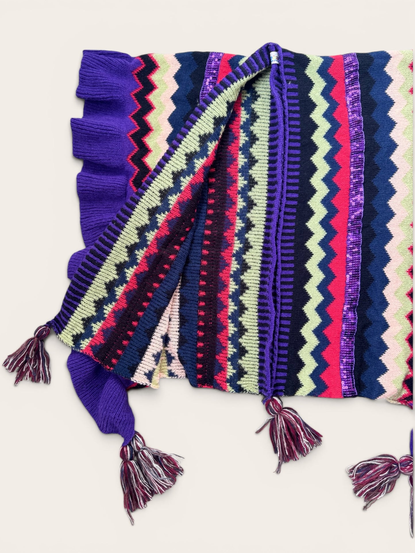 Hippy Chic Frilly Knit Shawl - Purple