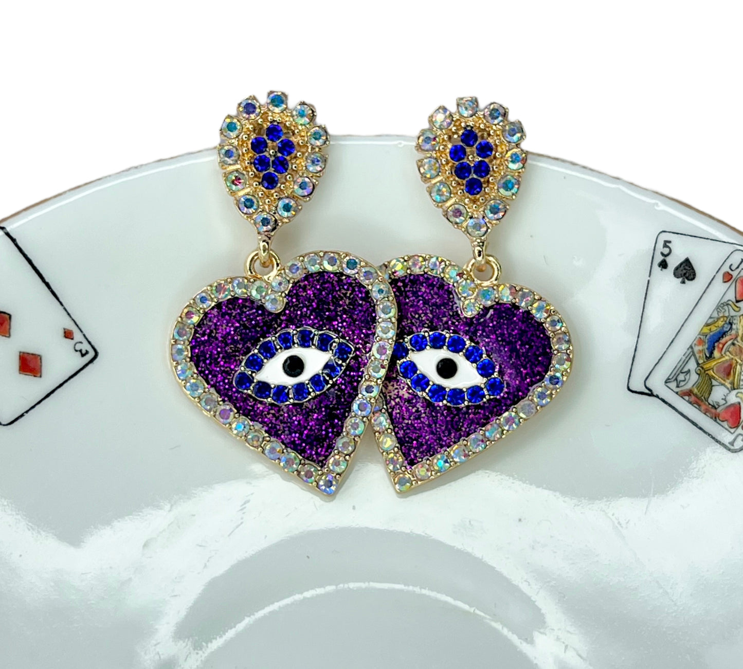 Diamante evil eye heart studs