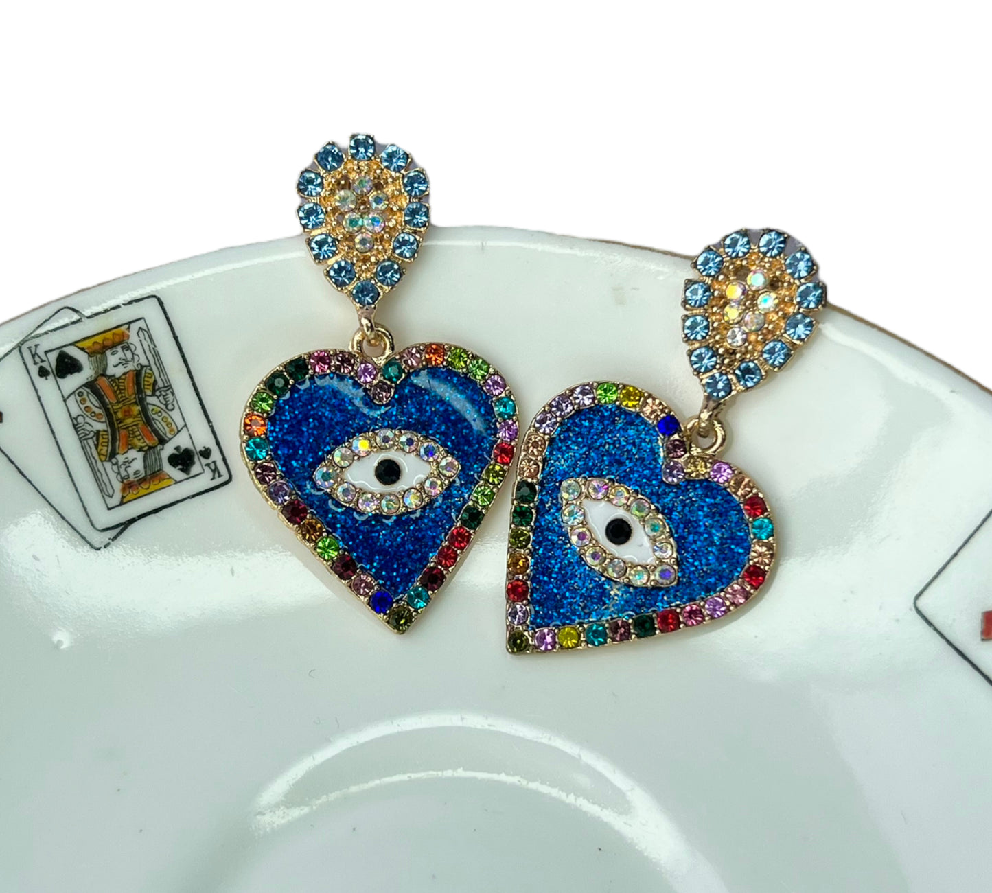 Diamante evil eye heart studs