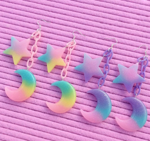 Pastel rainbow moon and star earrings