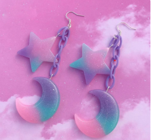 Pastel rainbow moon and star earrings