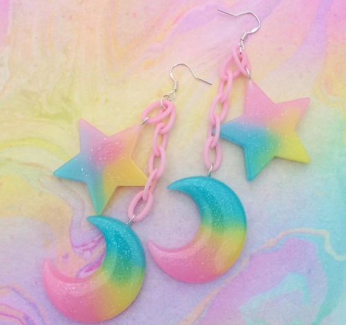 Pastel rainbow moon and star earrings