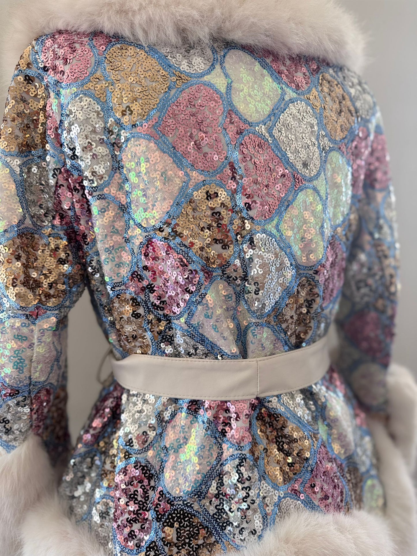 Pastel Heart Luxury Fur and Sequin Coat