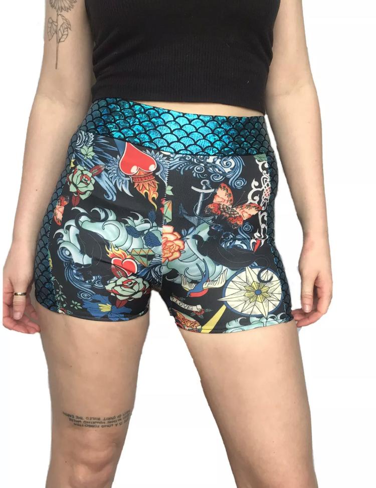 Ex Stock Tattoo Print Hotpants - Blue