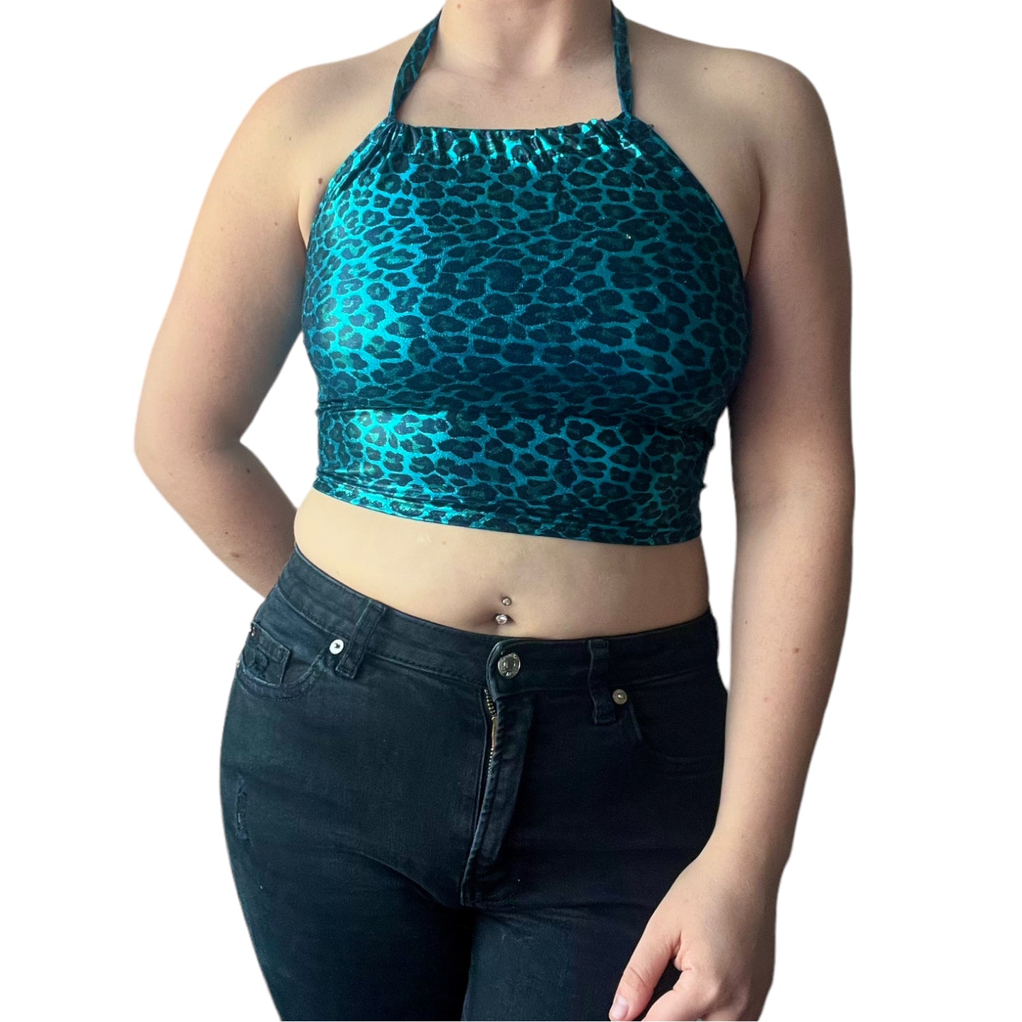 Ex Stock Shiny Blue Leopard Halter Top