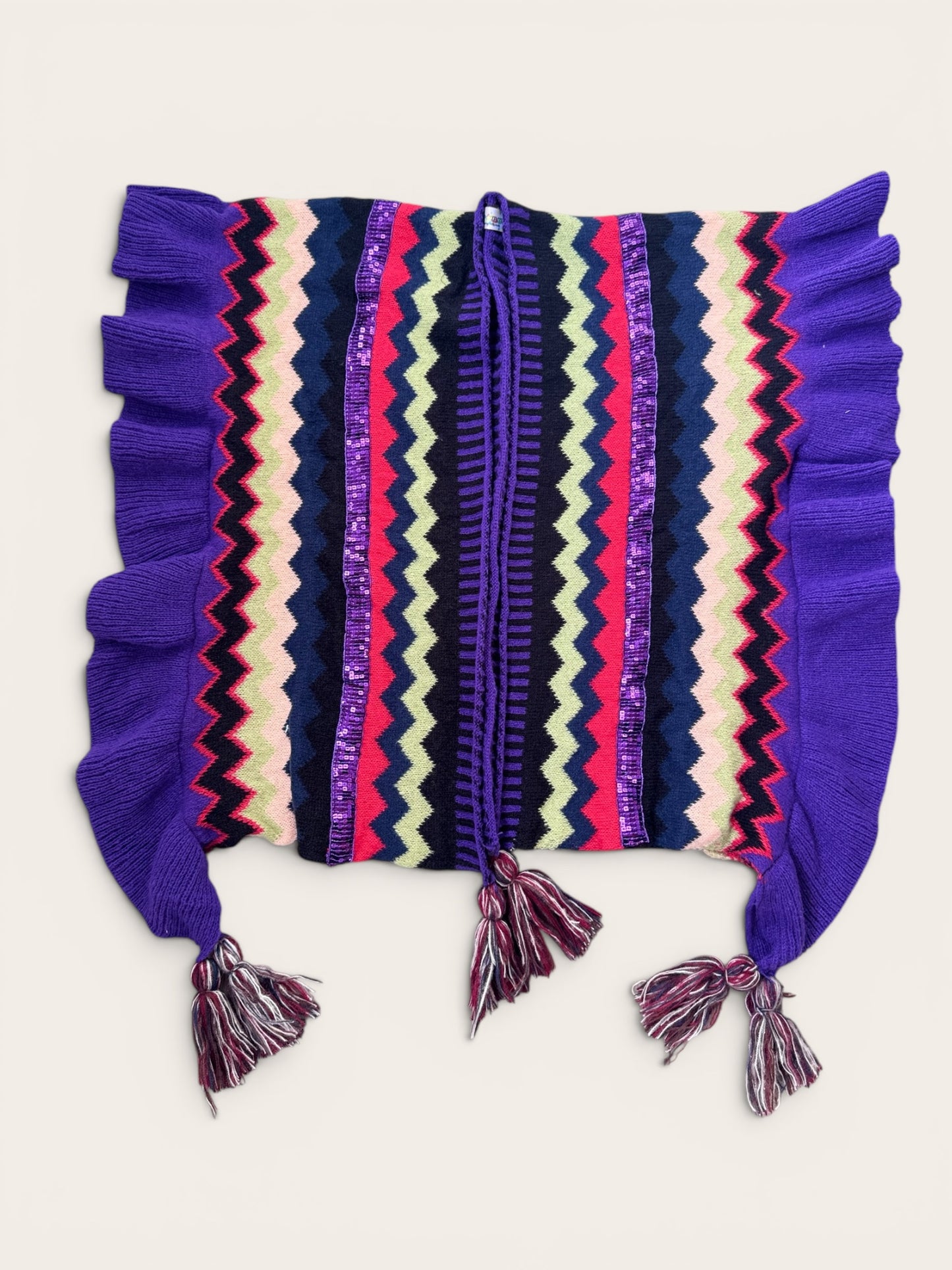 Hippy Chic Frilly Knit Shawl - Purple
