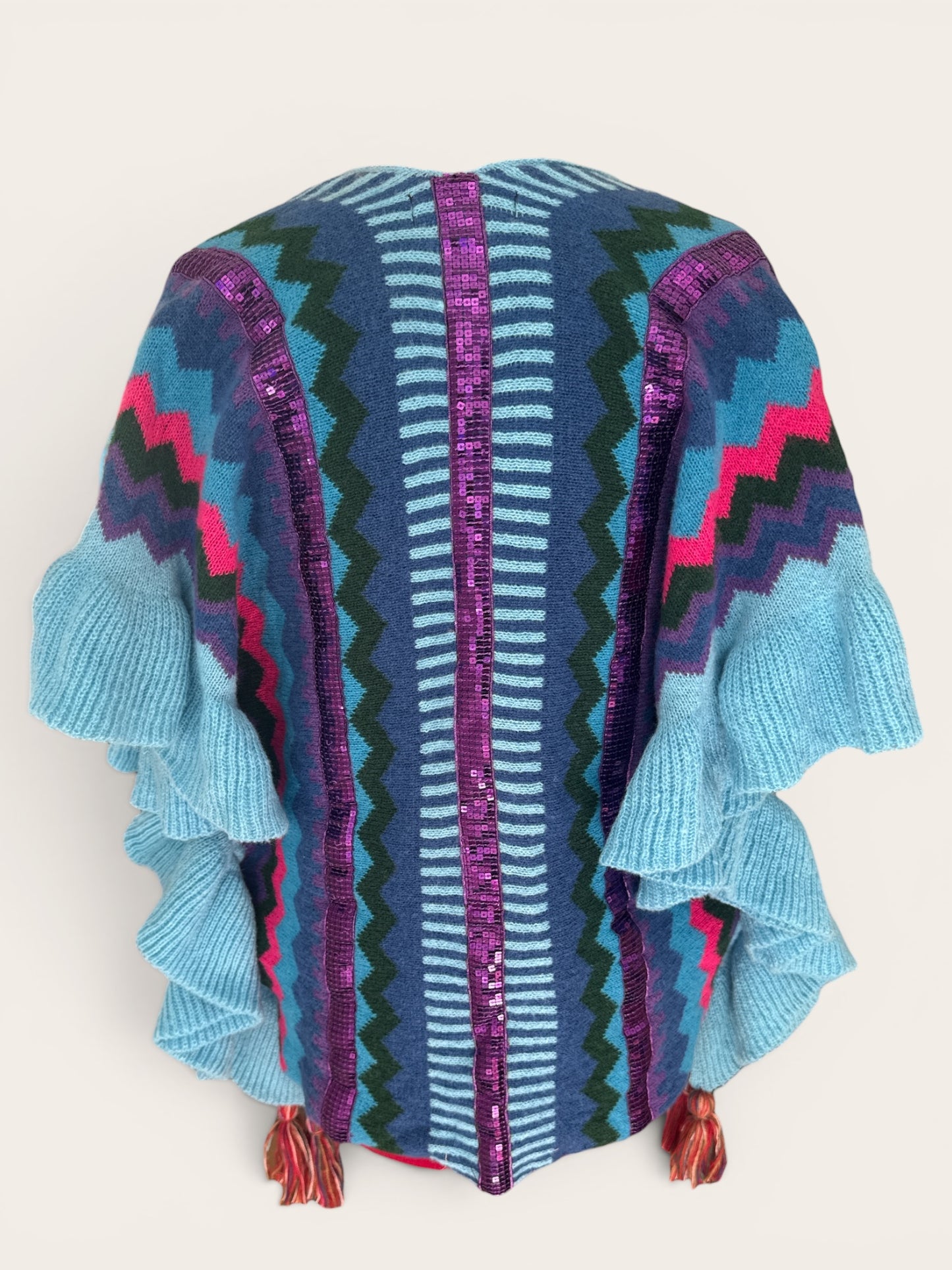Hippy Chic Frilly Knit Shawl - Blue