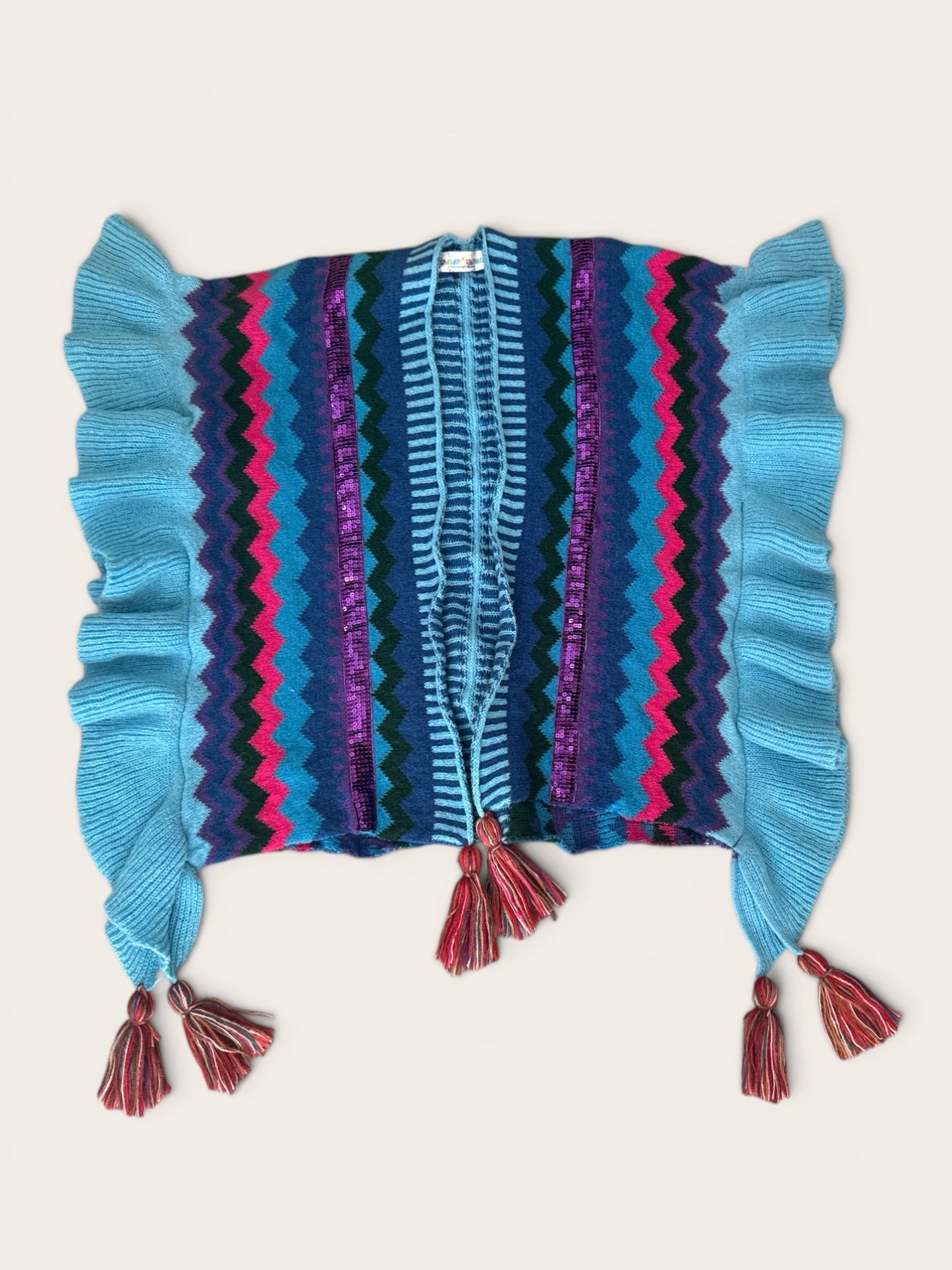 Hippy Chic Frilly Knit Shawl - Blue