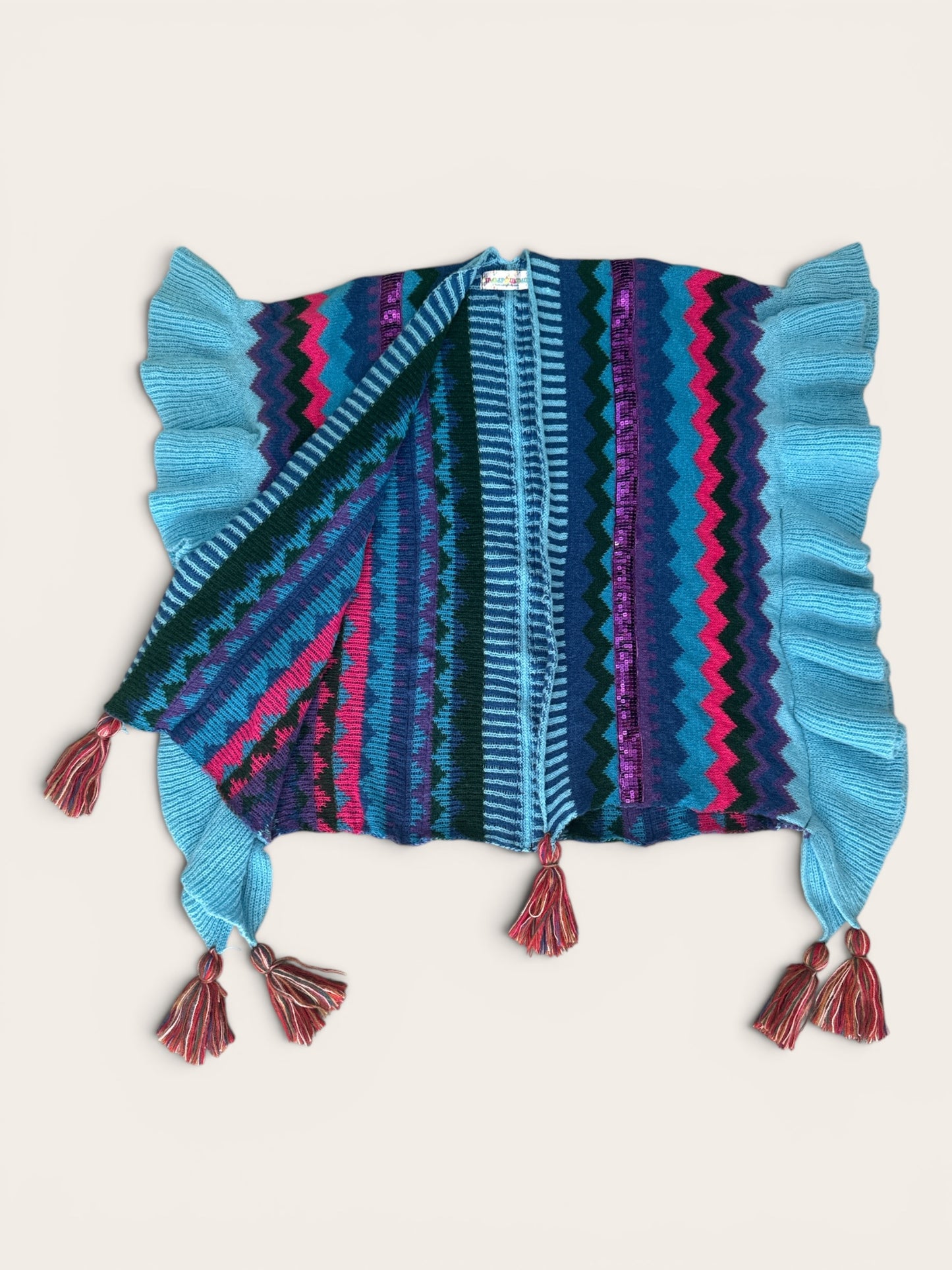 Hippy Chic Frilly Knit Shawl - Blue