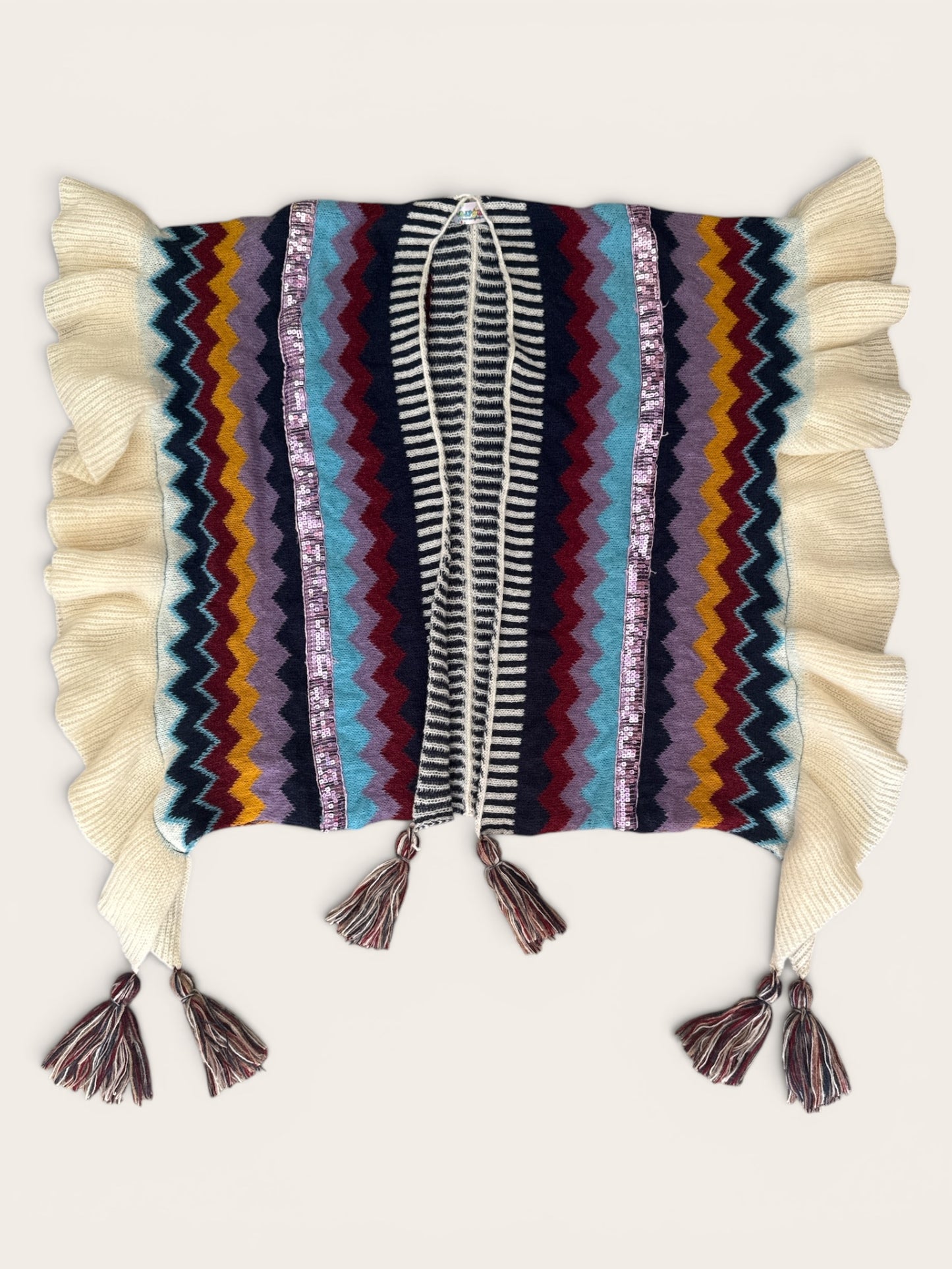 Hippy Chic Frilly Knit Shawl - Cream