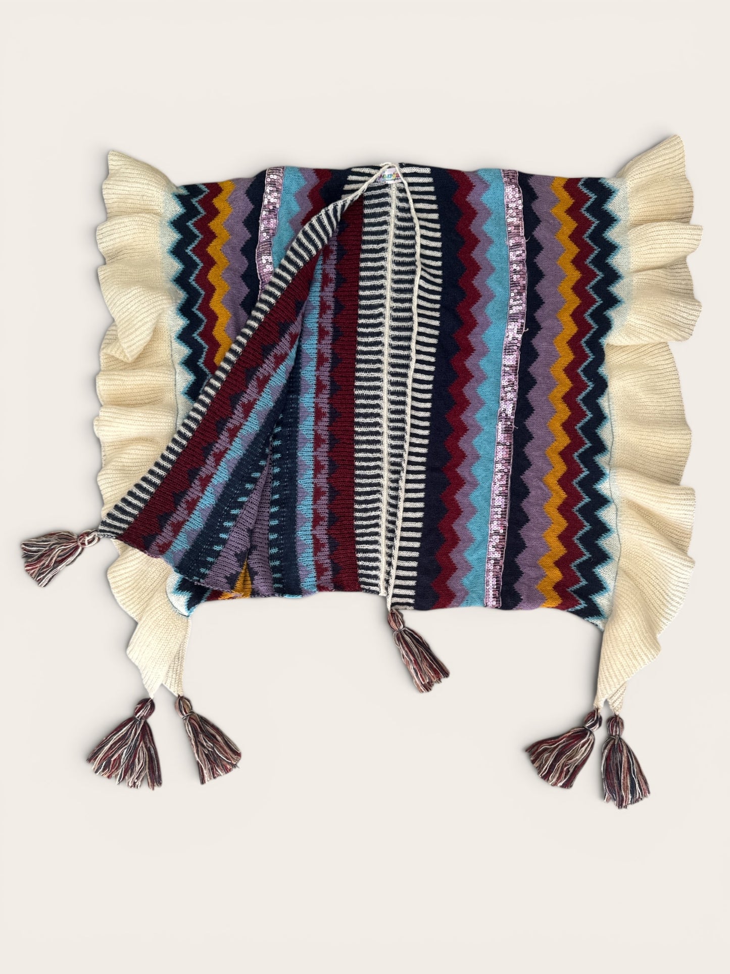 Hippy Chic Frilly Knit Shawl - Cream