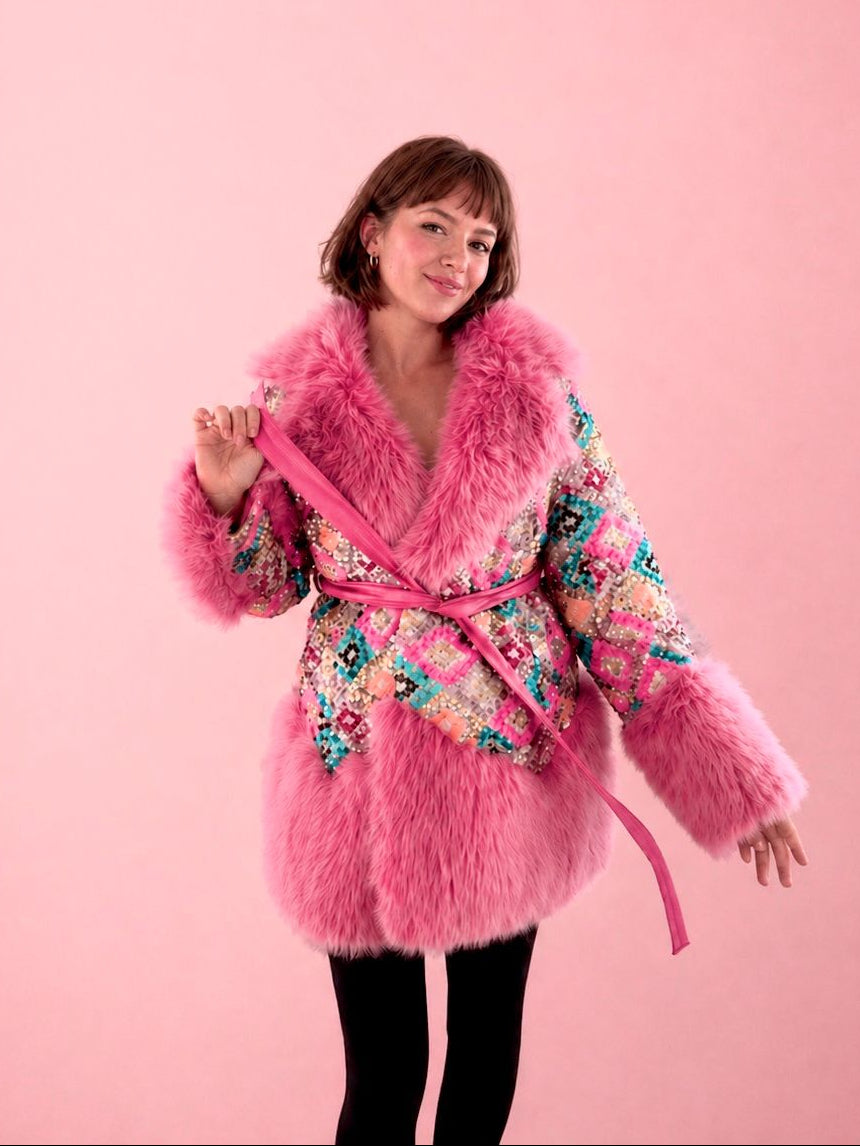 Bubble Gum Pink Luxury Fur and Sequin Coat