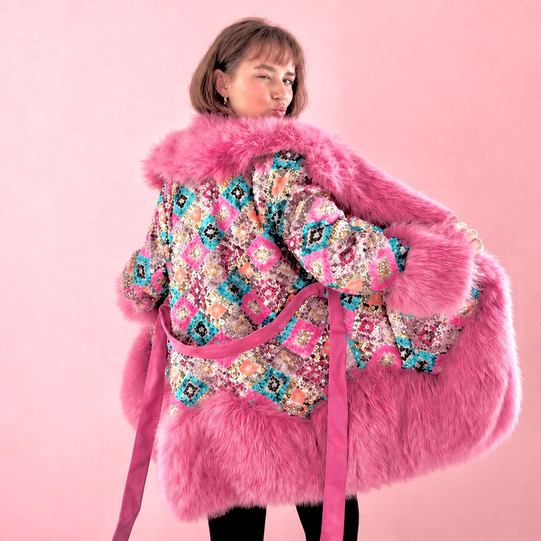 Bubble Gum Pink Luxury Fur and Sequin Coat