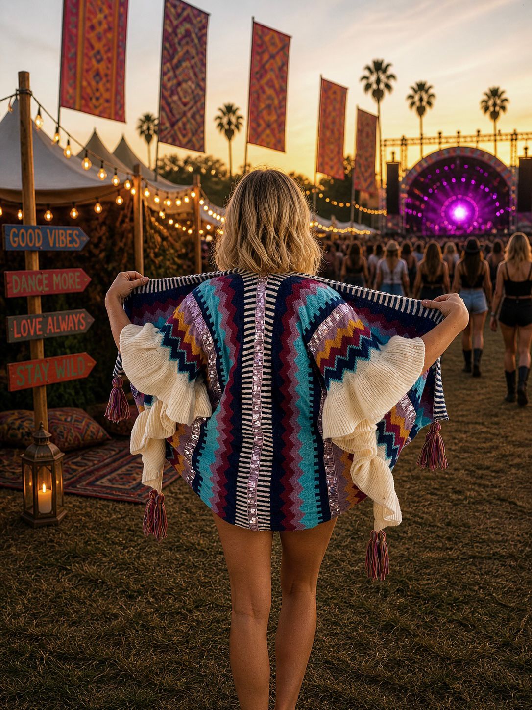 Hippy Chic Frilly Knit Shawl - Cream