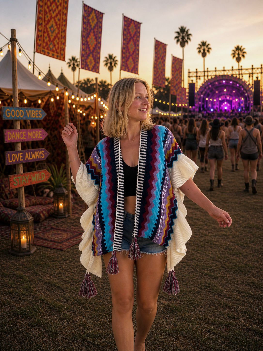 Hippy Chic Frilly Knit Shawl - Cream