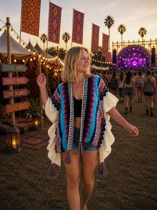 Hippy Chic Frilly Knit Shawl - Cream