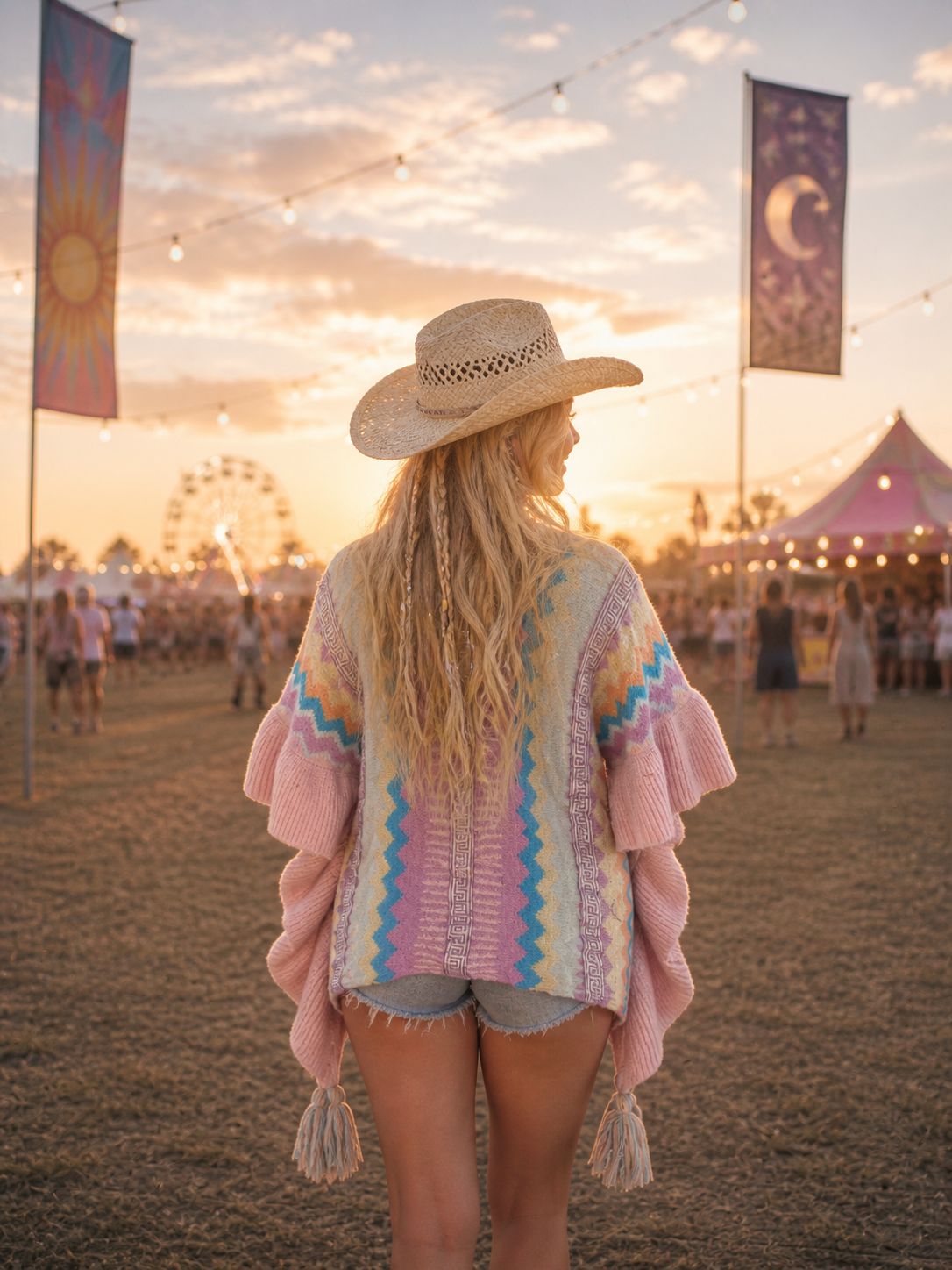 Hippy Chic Frilly Knit Shawl - Pink