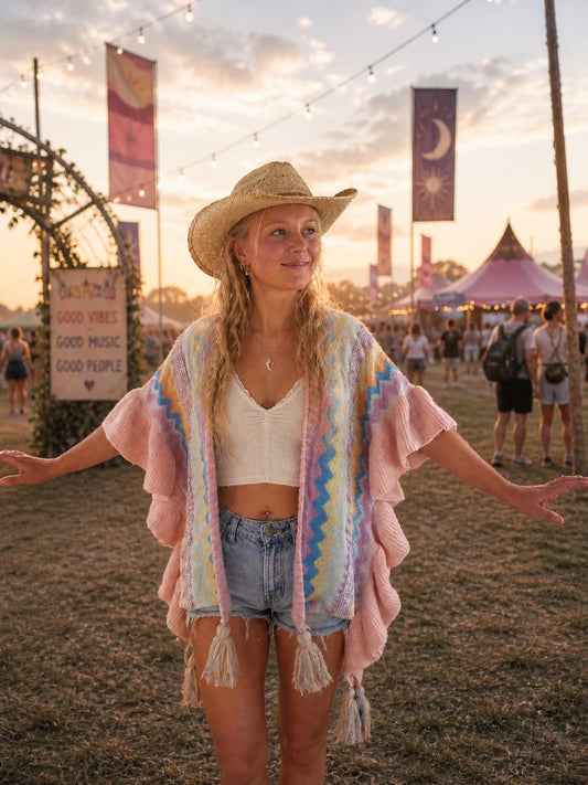 Hippy Chic Frilly Knit Shawl - Pink