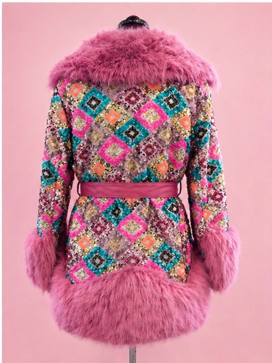 Bubble Gum Pink Luxury Fur and Sequin Coat