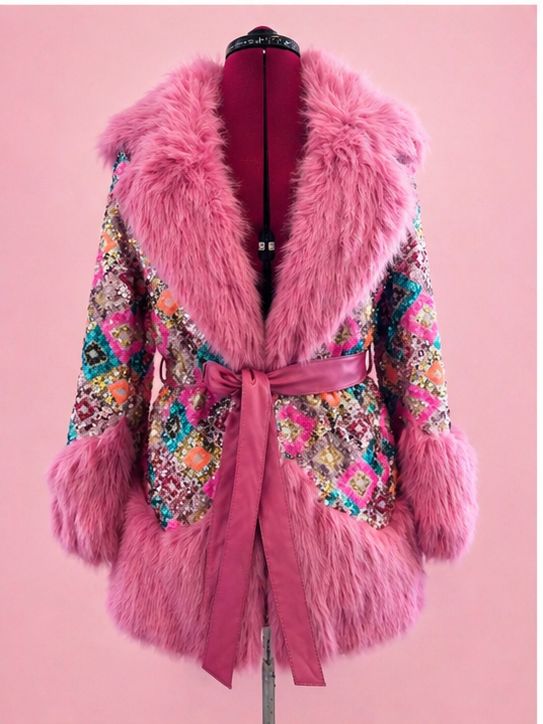 Bubble Gum Pink Luxury Fur and Sequin Coat