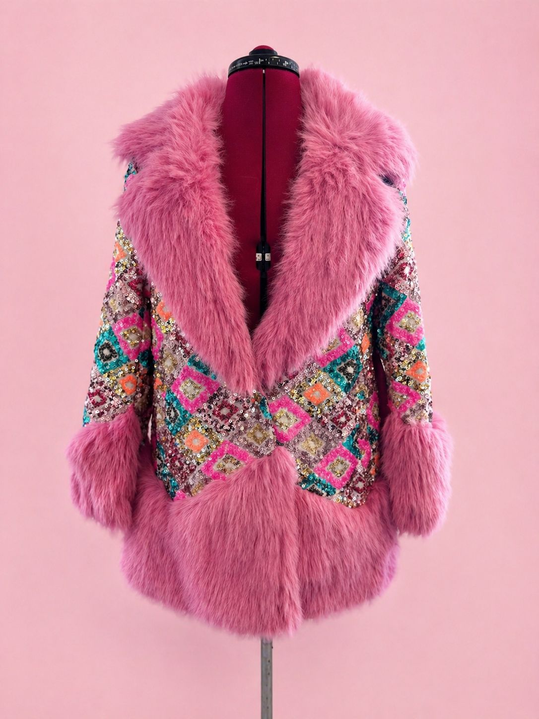 Bubble Gum Pink Luxury Fur and Sequin Coat