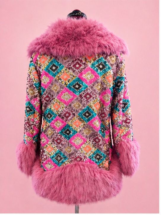 Bubble Gum Pink Luxury Fur and Sequin Coat