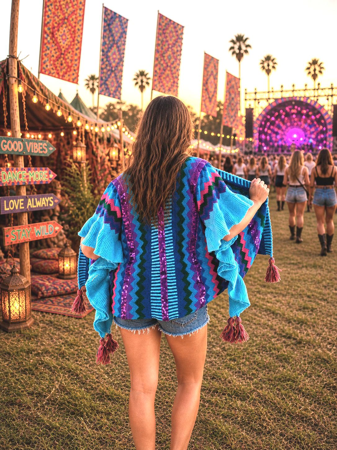 Hippy Chic Frilly Knit Shawl - Blue