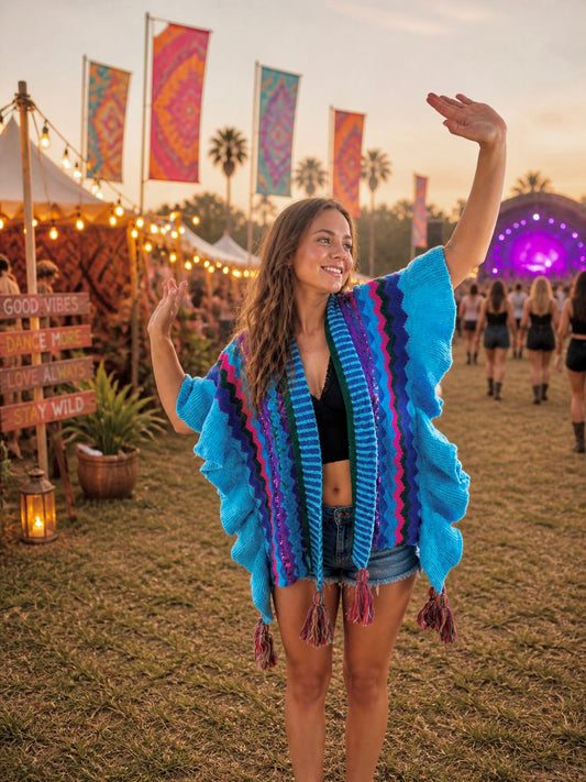 Hippy Chic Frilly Knit Shawl - Blue