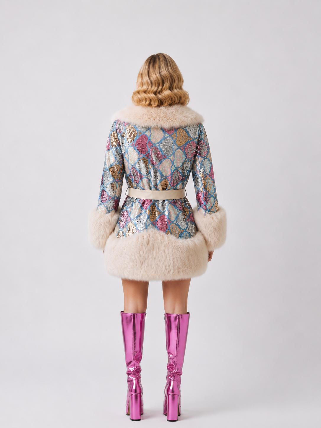 Pastel Heart Luxury Fur and Sequin Coat