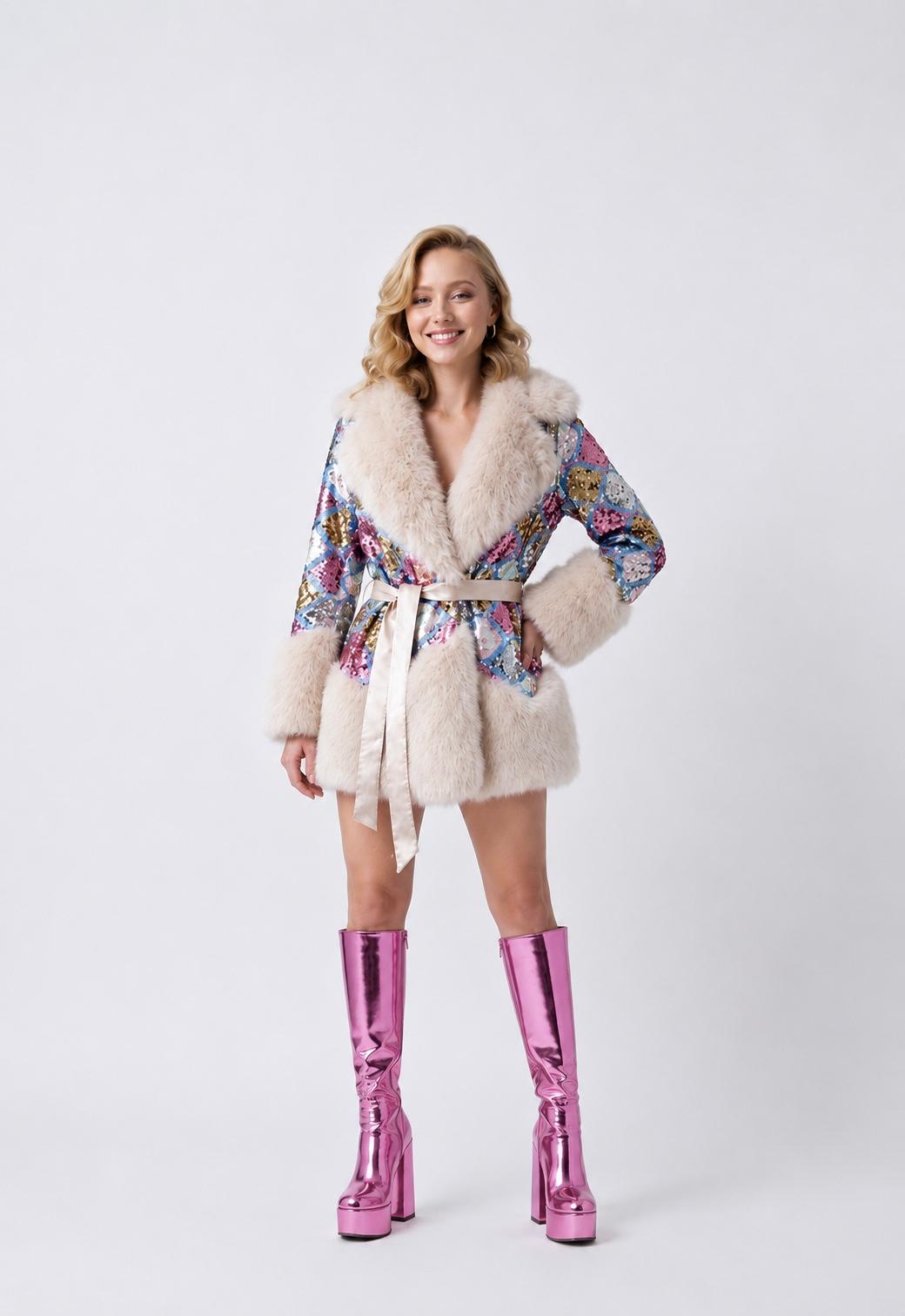 Pastel Heart Luxury Fur and Sequin Coat