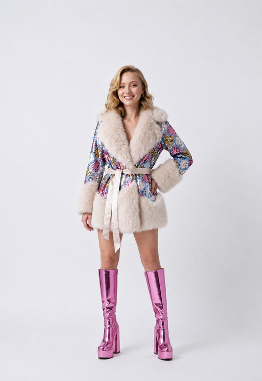 Pastel Heart Luxury Fur and Sequin Coat