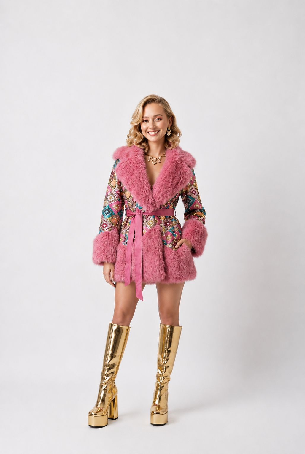 Bubble Gum Pink Luxury Fur and Sequin Coat
